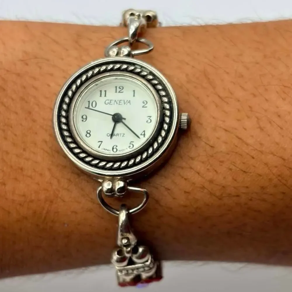 Silver & Red Floral Geneva Watch